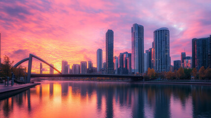 Naklejka premium Sunrise in modern city, urban skyline with sun rising above skyscraper buildings, view from bridge. Morning metropolis cityscape with road and houses, town architecture, Cartoon vector illustration