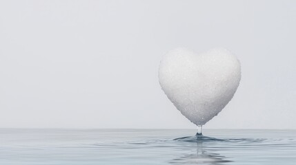 Fototapeta premium Melting ice heart dripping a single water droplet onto a calm surface against a clean white background.