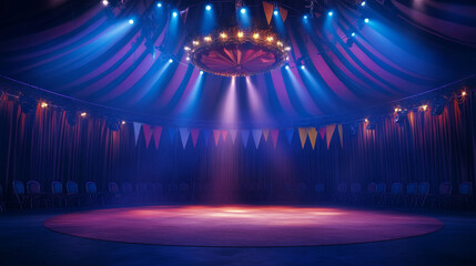 Circus arena, round stage for performance, carnival show. Vector cartoon empty interior inside of cirque tent with scene, seats, flags and searchlights