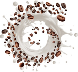 Roasted coffee beans air rotating with milk splash on white background