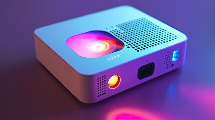 Fototapeta premium Detailed view of a portable projector with a shining lens and vibrant output, compact enough for modern media consumption.