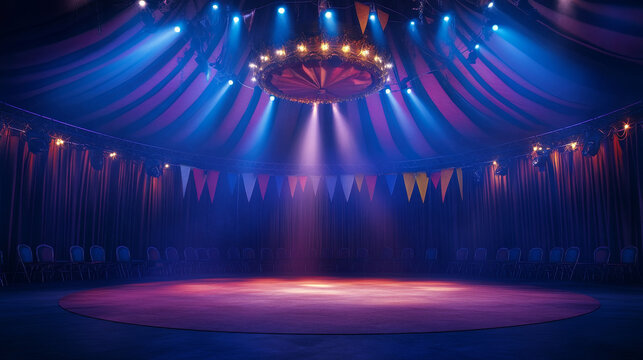 Circus arena, round stage for performance, carnival show. Vector cartoon empty interior inside of cirque tent with scene, seats, flags and searchlights