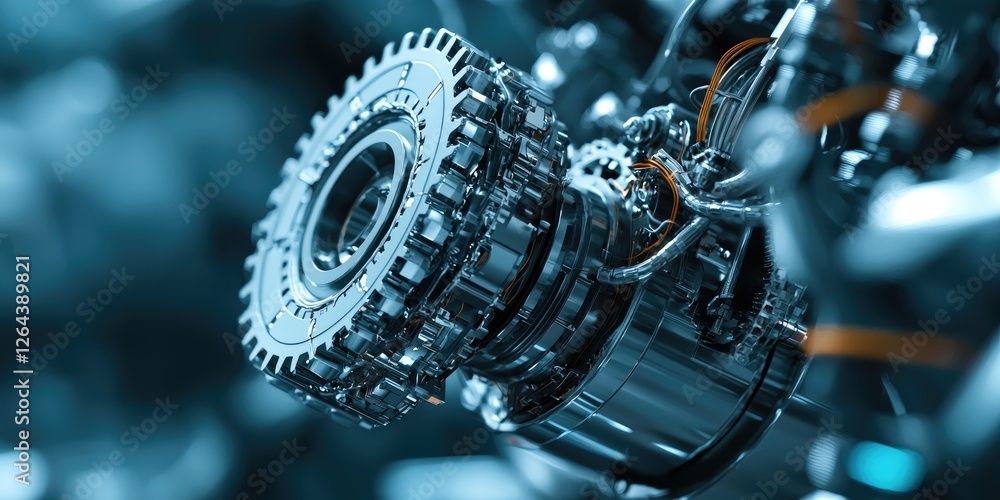 Fototapete Detailed view of intricate robotic components displaying visible gears and wires, ideal for industrial tech-focused backgrounds.