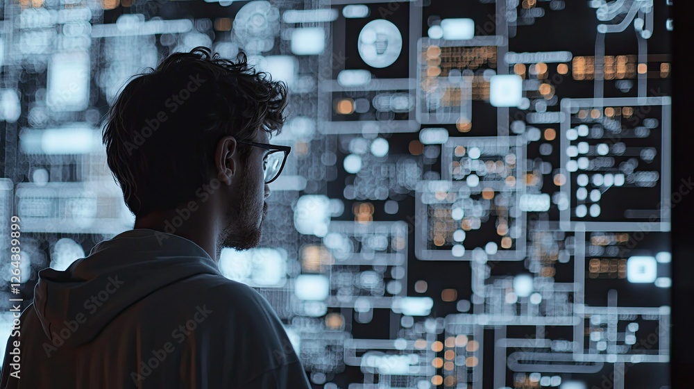 Poster a developer analyzing a complex software architecture, with code and diagrams side by side illustrating system interactions.