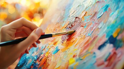 a teen painting on canvas, focus on brush strokes and vibrant colors, soft lighting captures the creativity in youth hobbies