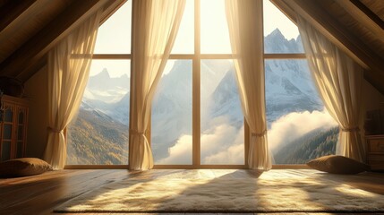 Luxury chalet with floor-to-ceiling windows offering breathtaking mountain views.