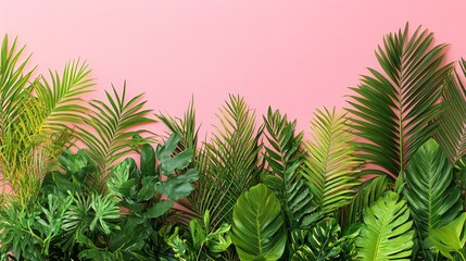 Fototapeta premium Vibrant Tropical Foliage Border on Pink Background Lush Greenery Natural Texture Botanical Elements