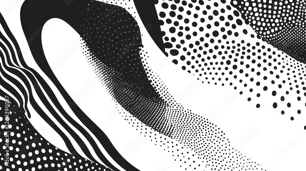 Poster Mesmerizing Monochrome Abstract Geometric Patterns and Shapes with Fluid Curves and Dotted Textures  Dynamic modern and visually striking digital artwork with a clean minimalistic