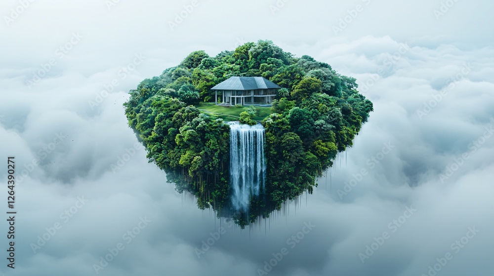 Poster a floating island covered in lush greenery, waterfalls cascading into the sky instead of falling dow
