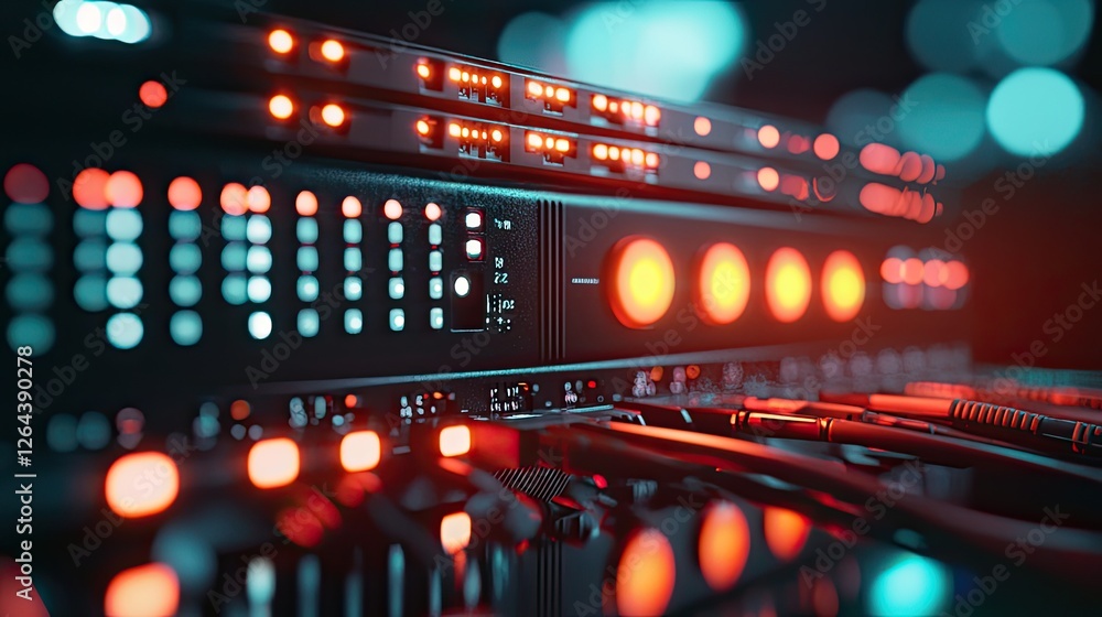Poster focused image of a wireless router showing its multiple antennas and led indicators, designed to pro
