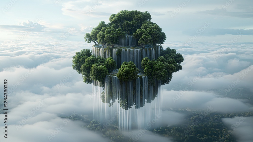 Poster a floating island covered in lush greenery, waterfalls cascading into the sky instead of falling dow