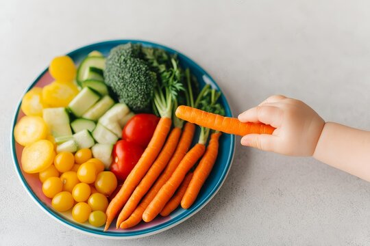 Toddler nutritious for child healthy concept. Colorful vegetables on a plate with a child's hand reaching for a carrot.