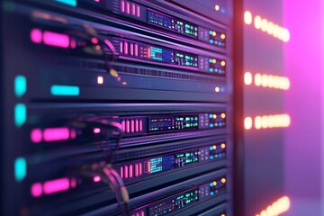Naklejka premium Data center servers with colorful LED indicators and connections.