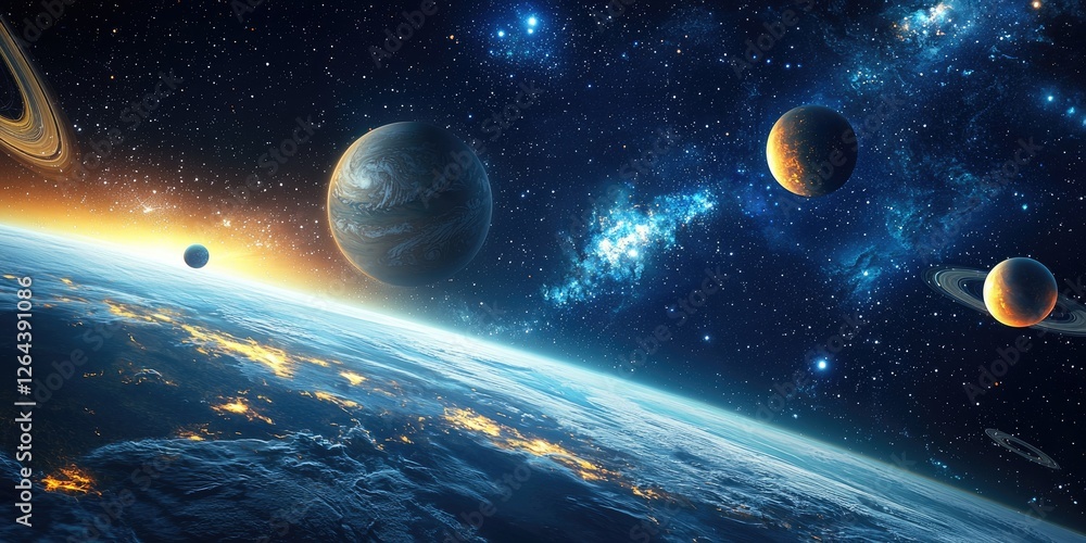 Aufkleber A space-themed web design with interactive planetary systems, glowing icons, and real-time integration of cosmic data.