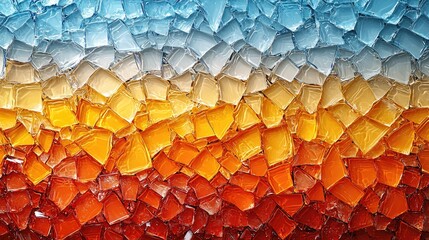 Colorful glass pieces arranged in a gradient pattern, resembling a sunset, showcasing vibrant hues