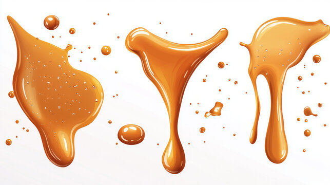 Realistic set of caramel drops and stains png isolated on transparent background. Vector illustration of sweet sauce, maple syrup or glossy brown paint drips, swirls, waves on surface. Dessert topping