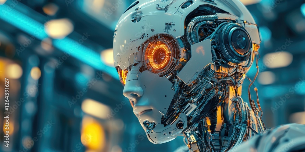 Aufkleber cyberpunk-inspired robotic tech, showcasing intricate mechanical design, glowing circuits, and a hig