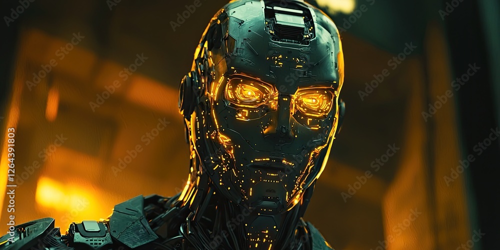 Poster cyberpunk-inspired robotic tech, showcasing intricate mechanical design, glowing circuits, and a hig