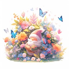 Smiling Gnome Amidst Vibrant Flowers and Butterflies