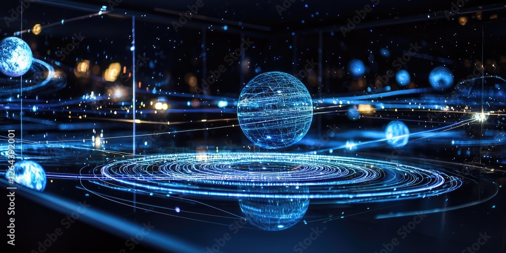 Poster a futuristic planetarium presenting a detailed holographic model of an alien planetary system, featu