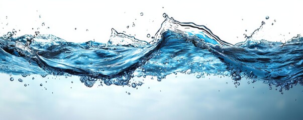 Obraz premium A dynamic splash of clear blue water, showcasing waves and droplets against a light background.