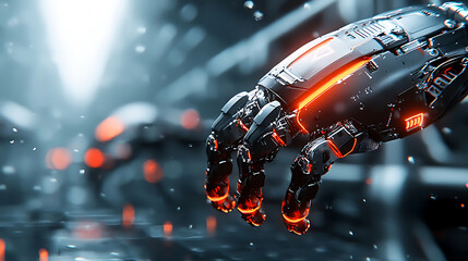 close up of industrial robot arm with glowing orange accents, showcasing advanced technology in futuristic setting