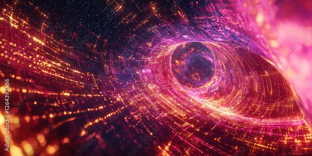 Poster A close-up of a cosmic nebula, where swirling gases are intertwined with glowing digital grids and energy fields, representing advanced cosmic tech.