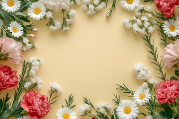 Obraz premium A circular frame of flowers with copy space, real flower photo, flowers border on pastel background, daisy, tulip, rose, carnation