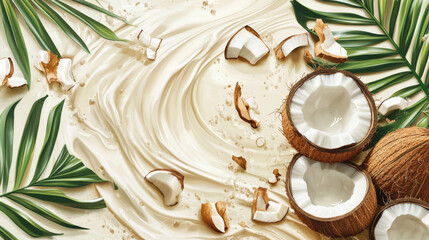 Coconut milk splash swirl realistic vector background. White liquid organic milk on background of tropical cracked and whole coconut with creamy texture and green palm leaves, vegan drink design pack