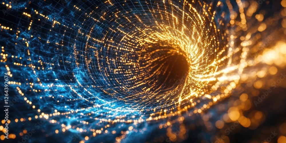 Poster a close-up of a cosmic nebula, where swirling gases intertwine with glowing digital grids and energy