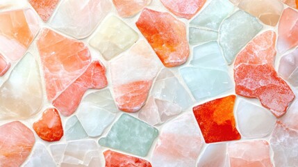 A close-up of a colorful mosaic pattern made of various shaped stones in pink, red, and green hues, Ideal for backgrounds, interior design concepts, and art projects