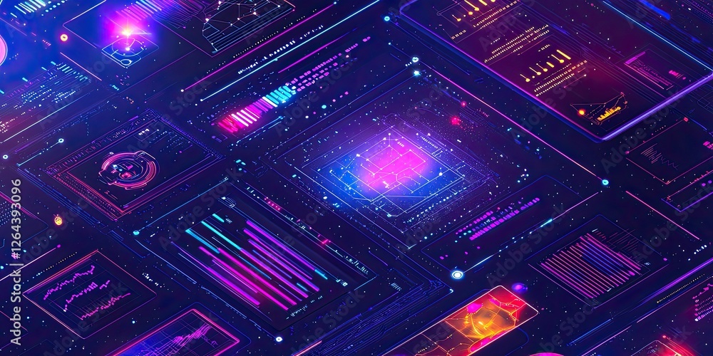 Aufkleber a futuristic design featuring space-themed tech elements, with glowing holograms, interactive star m