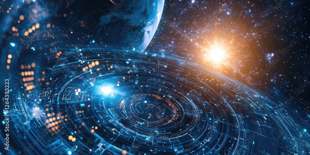 Poster advanced tech features in a space interface, including dynamic orbit controls, holographic displays,