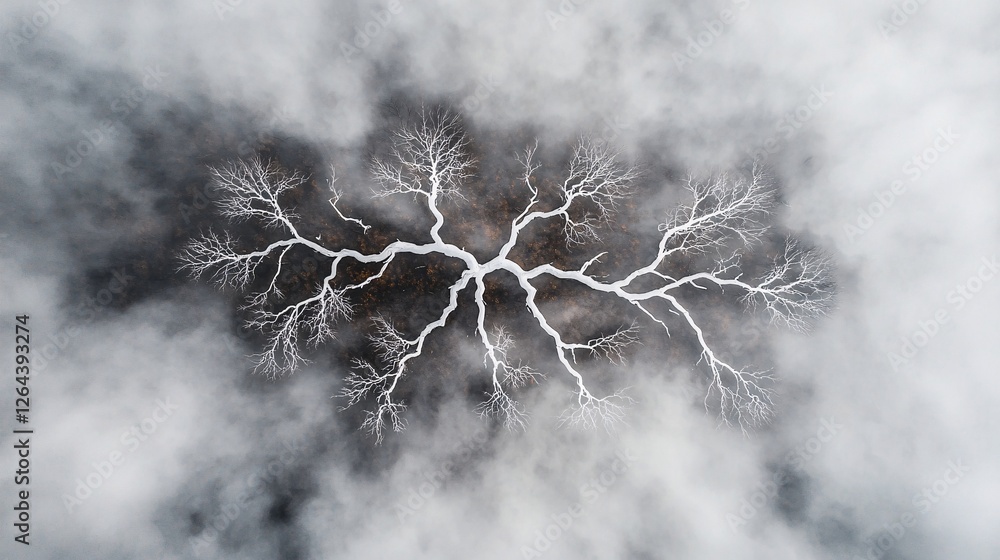 Poster a vast tundra where the trees appear as frozen flames, their branches twisting into intricate patter