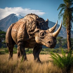 Fototapeta premium Majestic Triceratops Grazing on Prehistoric Plains