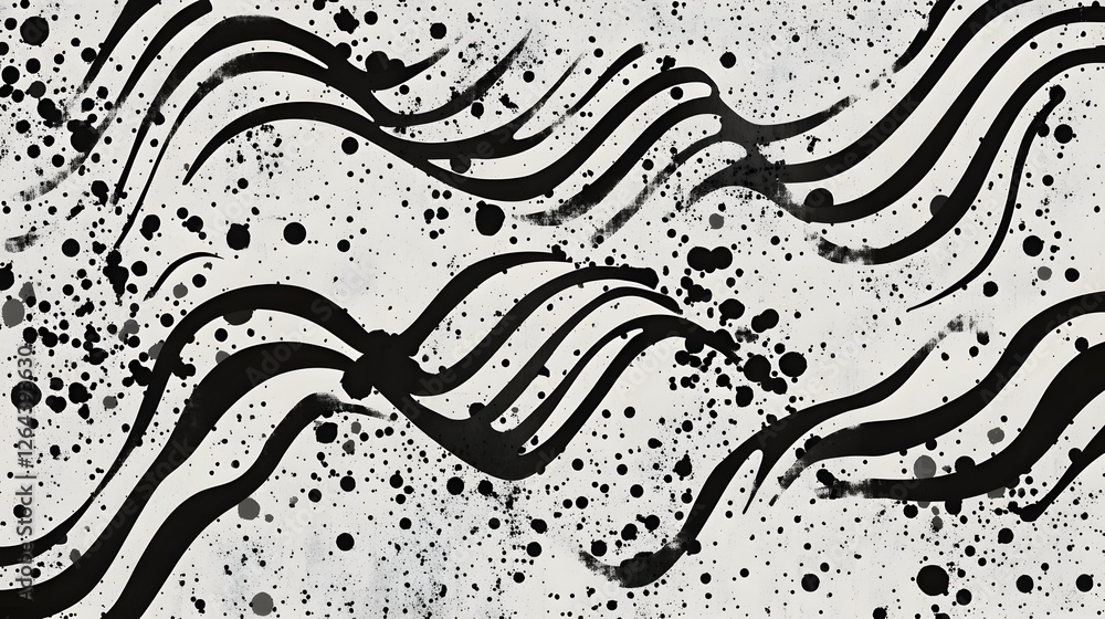 Aufkleber Mesmerizing Monochrome Waves   Abstract Fluid Graphic Design Pattern with Contrasting Curvilinear Lines Dots and Splatters Forming a Captivating and Visually Striking Background