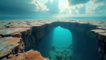 Underwater coral reef landscape with towering coral structures and sunlight	