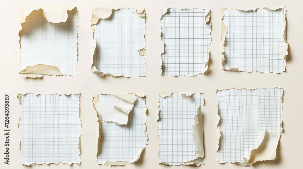 Poster notebook pages with torn edges. ripped paper sheets and scraps with square grid and striped patten. 