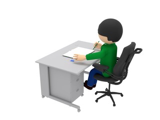 鉛筆を手に持ってノートに書いている、机の前のビジネスマン