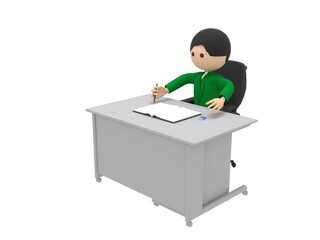 鉛筆を手に持ってノートに書いている、机の前のビジネスマン