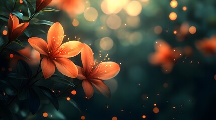 Ethereal blossom display, vibrant petals and magical bokeh light spheres