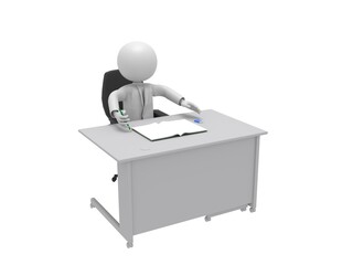 鉛筆を手に持ってノートに書いている、机の前のビジネスマン