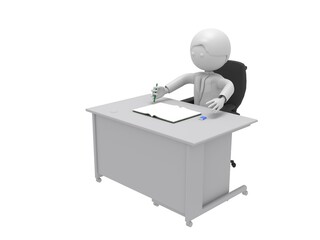鉛筆を手に持ってノートに書いている、机の前のビジネスマン