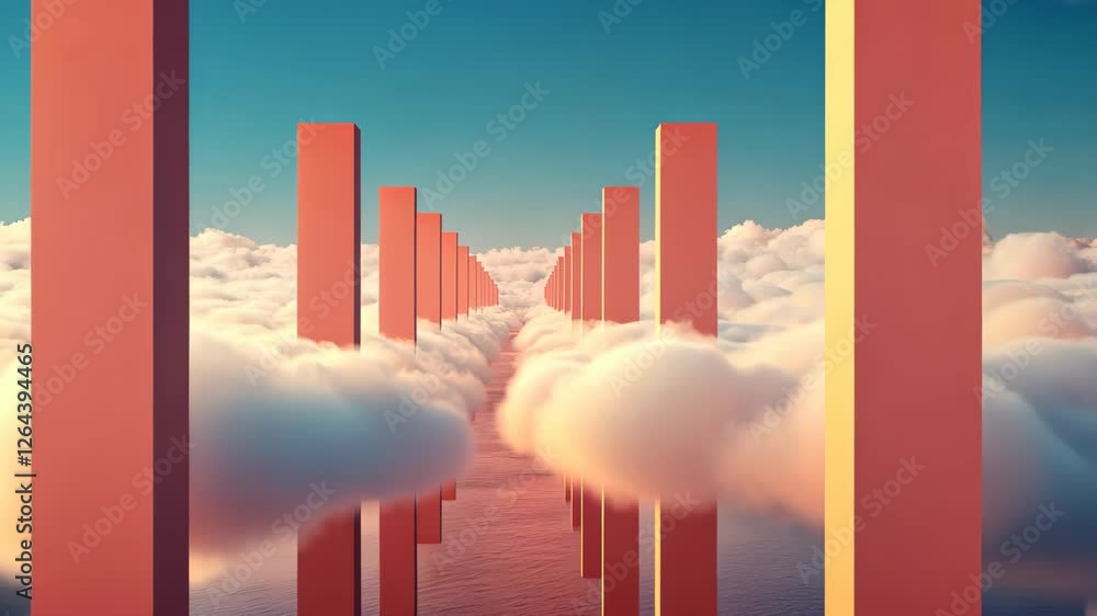 Poster surreal dreamscape with pink columns rising through white clouds against blue sky in ethereal 3d cgi