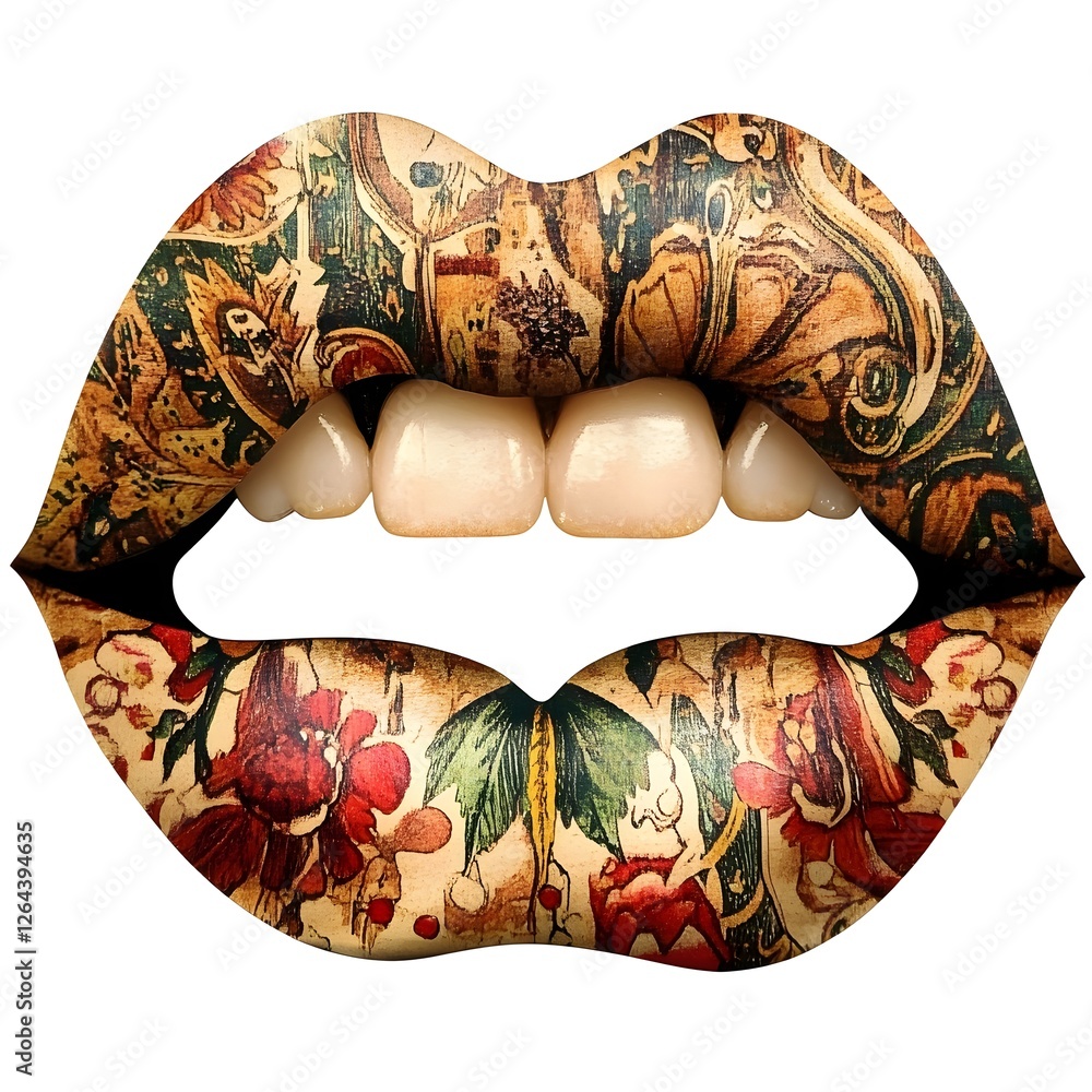 Leinwandbilder mesmerizing psychedelic floral lips vibrant surreal digital art with intricate organic patterns and 