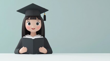 a beautiful girl wearing a black graduation gown and cap, sitting at a white table and holding a book with empty space for text,