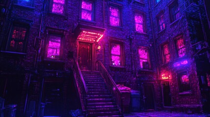 Night Cityscape Urban Exploration Mysterious Purple Neon Glowing Windows Building Facade