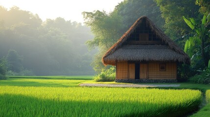 Obraz premium Serene rural landscape featuring a thatched-roof cottage surrounded by lush green rice fields at dawn