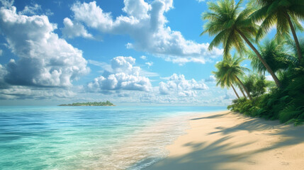 Fototapeta premium Island in ocean, uninhabited isle with beach, palm trees and rocks surrounded with sea water and cloudy sky above. Tropical landscape, empty land with sand and no people Cartoon vector illustration