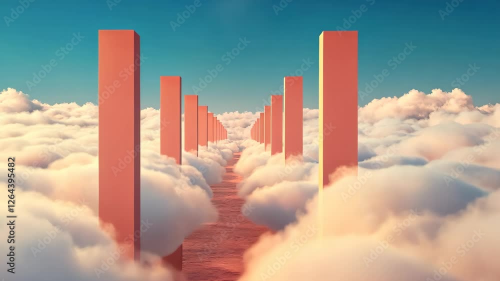 Poster surreal dreamscape with pink columns rising through white clouds against blue sky in ethereal 3d cgi
